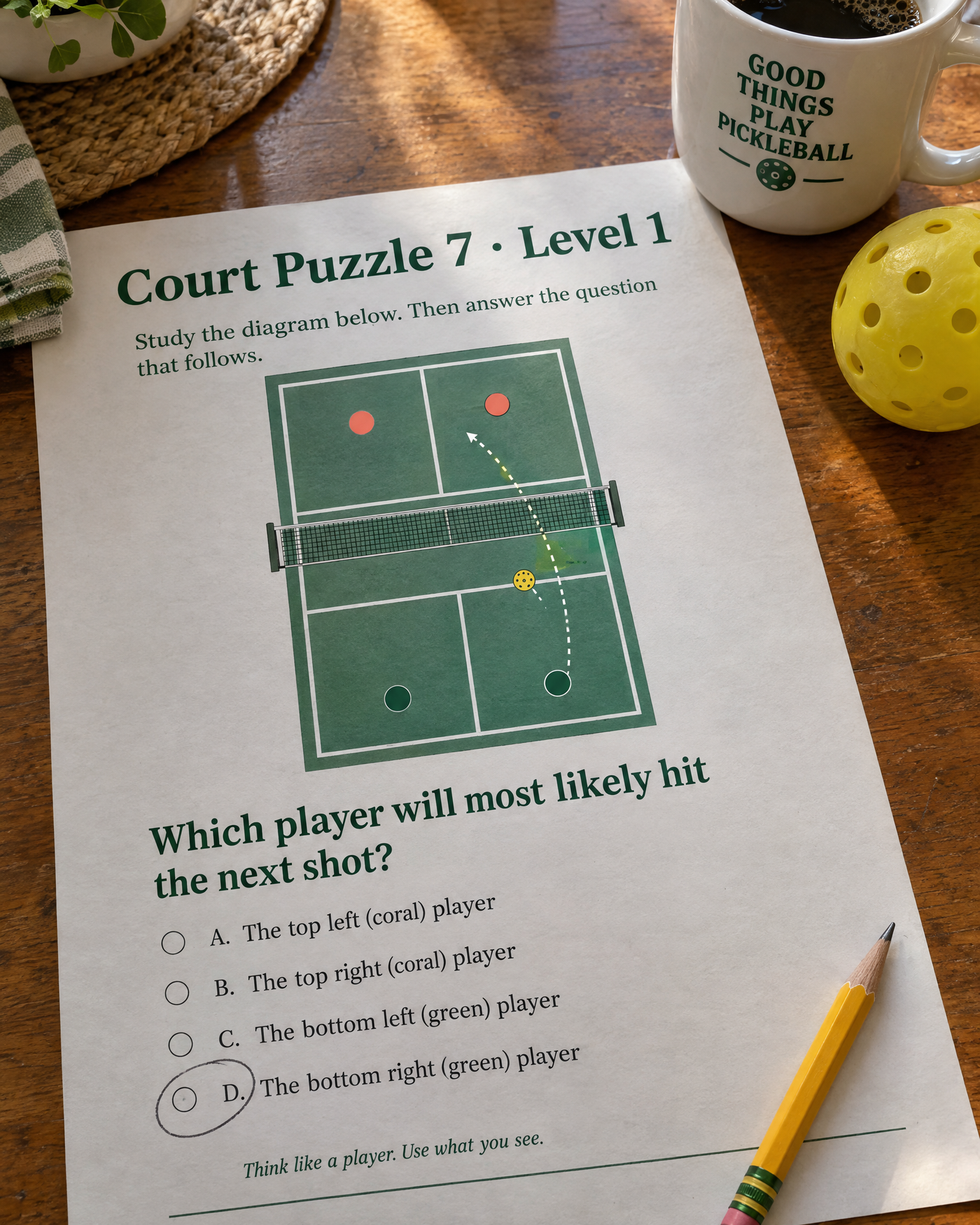 A Court Puzzle page with a pencil and coffee