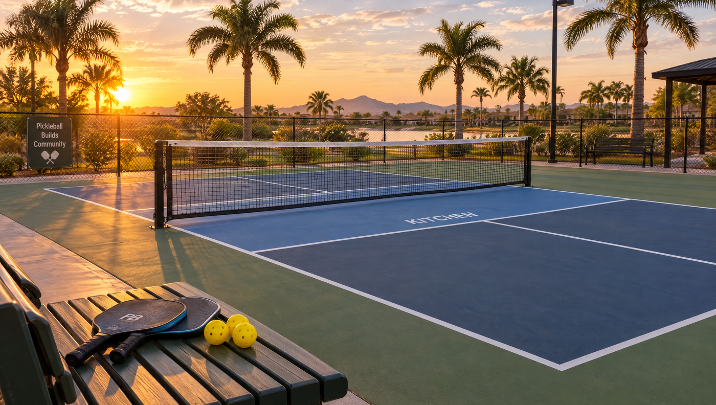 A community pickleball court at golden hour